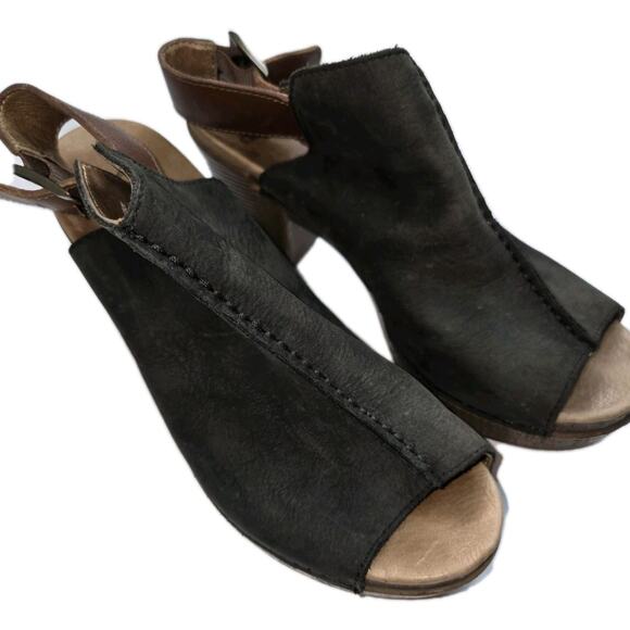 Dansko Reggie Slingback Peep Toe Bootie Size 37 Buckle Strap Black Brown Leather - Picture 1 of 8